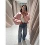 2026 Spring Women Pink Cropped Jacket Fashion Lapel Oversized Puff Sleeves Zipper Lightweight Chic Coat Lady Casual Streetwear