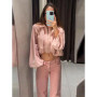 2026 Spring Women Pink Cropped Jacket Fashion Lapel Oversized Puff Sleeves Zipper Lightweight Chic Coat Lady Casual Streetwear