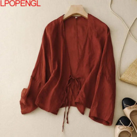 Fashion Cotton And Linen Sunscreen Jacket 2025 Summer Literary Retro Lace-up Cardigan Women's Loose Solid Color V-neck Top Tide