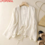 Fashion Cotton And Linen Sunscreen Jacket 2025 Summer Literary Retro Lace-up Cardigan Women's Loose Solid Color V-neck Top Tide