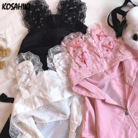 Japanese Lolita Lace Patchwork Jackets Loose Y2k Aesthetic Casual Sun Protection Women's Tops Grunge Rabbit's Ears Hooded Coats