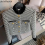 Korean Temperament Jackets Women Stand Neck Long Sleeve Striped Outwear Cropped Tops Slim Fashion Vintage Chic Coat Ropa Mujer