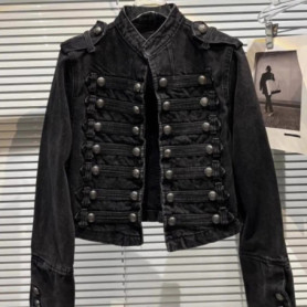 Chaqueta Mujer Metal Double Breasted Stand Collar Design Denim Jacket Top Denim Women Clothing American Overcoat Outwear
