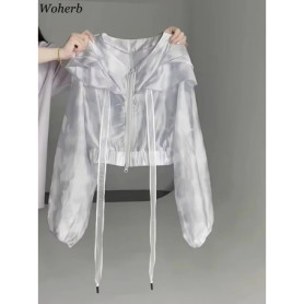 Korean Thin Summer Crop Jackets Women Clothes Double Zippers Outwear Y2k Tops Casual Fashion Bandage Ruffled All Match Y2k Coat