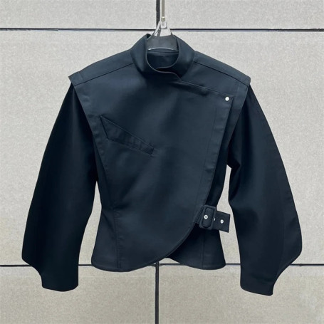 Women's jacket New asymmetrical stand up collar long sleeved top for winter 2025 waist cinching slim fit women's coat outerwears