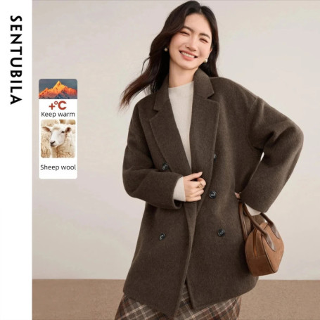 SENTUBILA Woolen Coats for Woman 2026 Winter Jackets Notch Lapel Long Sleeve Loose Coat Casual Style Women's Clothing W54OA8768
