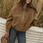 Retro British Style Jackets for Women Suede Zipper Long Sleeve Pockets Short Coats Spring Summer 2026 New Lady Commute Outerwear