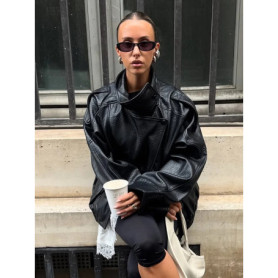 HH Women Autumn Fashion Jackets Asymmetric Button Pocket Long Sleeves Black Loose Zipper Jackets Female High Street Coats