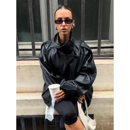 HH Women Autumn Fashion Jackets Asymmetric Button Pocket Long Sleeves Black Loose Zipper Jackets Female High Street Coats