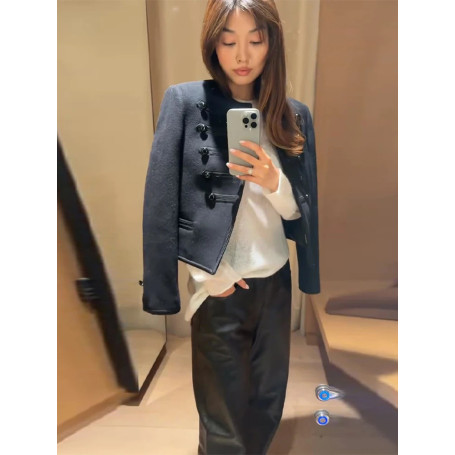 Fashion Black Court Style Cropped Jacket For Women Elegant O-neck Long Sleeve Double Breasted Coat Lady 2026 Spring Chic Outwear