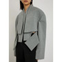 Grey Solid Irregular Blazer Suit Jacket Women Chic Shoulder Pad Full Sleeve Split High Waist Coat 2026 Lady Commute Street Wear