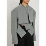 Grey Solid Irregular Blazer Suit Jacket Women Chic Shoulder Pad Full Sleeve Split High Waist Coat 2026 Lady Commute Street Wear