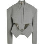 Grey Solid Irregular Blazer Suit Jacket Women Chic Shoulder Pad Full Sleeve Split High Waist Coat 2026 Lady Commute Street Wear