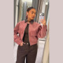 Fashion Pink Corduroy Cropped Jacket For Women Casual Contrast Collar Long Sleeve Zipper Coat Lady 2026 Spring Chic Streetwear