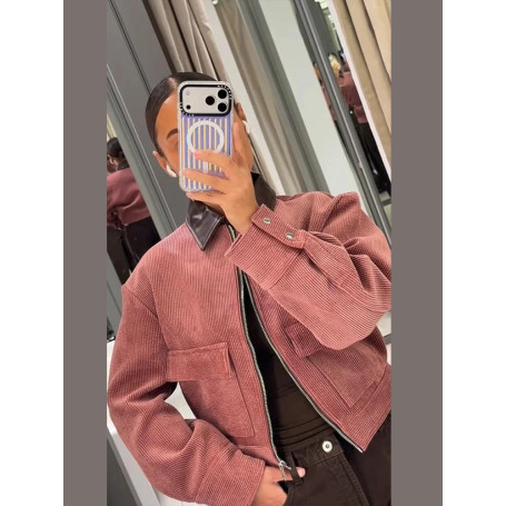 Fashion Pink Corduroy Cropped Jacket For Women Casual Contrast Collar Long Sleeve Zipper Coat Lady 2026 Spring Chic Streetwear