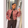 Fashion Pink Corduroy Cropped Jacket For Women Casual Contrast Collar Long Sleeve Zipper Coat Lady 2026 Spring Chic Streetwear
