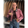 Fashion Pink Corduroy Cropped Jacket For Women Casual Contrast Collar Long Sleeve Zipper Coat Lady 2026 Spring Chic Streetwear