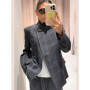 Women Irregular Plaid Blazer Jacket Fashion Stand Collar Full Sleeve Split Loose Short Coat 2025 Female Daily Commute Outerwear