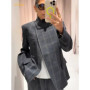 Women Irregular Plaid Blazer Jacket Fashion Stand Collar Full Sleeve Split Loose Short Coat 2025 Female Daily Commute Outerwear