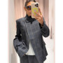 Women Irregular Plaid Blazer Jacket Fashion Stand Collar Full Sleeve Split Loose Short Coat 2025 Female Daily Commute Outerwear