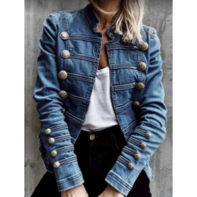 Women's Denim Jackets Autumn Winter Button Vintage Stand Collar Long Sleeve Streetwear Denim Coat Fashion Outerwear 2024