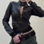 Sexy Women Zipper Turtleneck Crop Leather Coats 2025 Fall Winter Femme Black Faux Leather Biker Moto Jacket Y2k Harajuku Куртка
