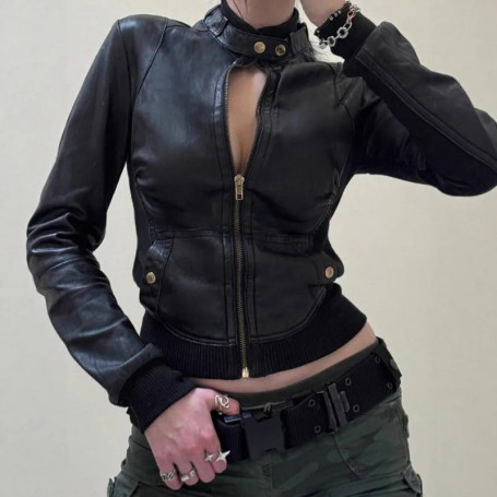 Sexy Women Zipper Turtleneck Crop Leather Coats 2025 Fall Winter Femme Black Faux Leather Biker Moto Jacket Y2k Harajuku Куртка