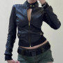 Sexy Women Zipper Turtleneck Crop Leather Coats 2025 Fall Winter Femme Black Faux Leather Biker Moto Jacket Y2k Harajuku Куртка