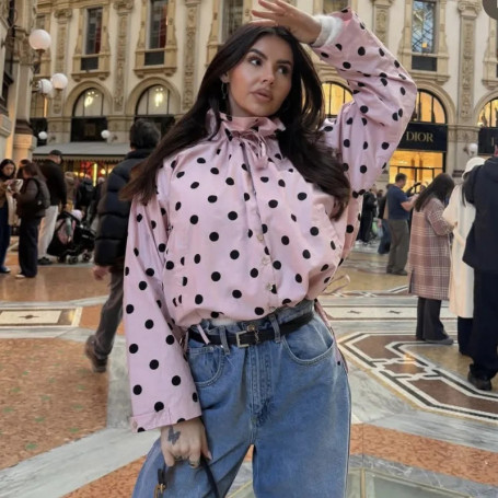 Talenza Pink Polka Dot Jacket: Women's Fashion Retro Bow Lace-up Loose Coats New Casual Commuter High-Street Women's Outerwear