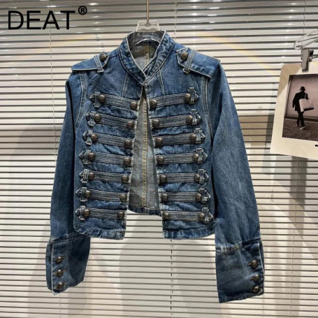 DEAT 2025 Autumn New Fashion Metal Buckle Design Shoulder Strap Denim Short Jacket For Women High Street Coat Female 11A06995