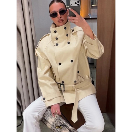 High Street Casual Belt Windbreaker Women Double Breasted Stand Collar Drop Shoulder Jacket Chic All-match Commute Spring Coat