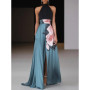New Women's Halterneck Dress Off-shoulder Sexy Party High-waisted Patchwork Fashion Elegant Slit Floor-length Skirt
