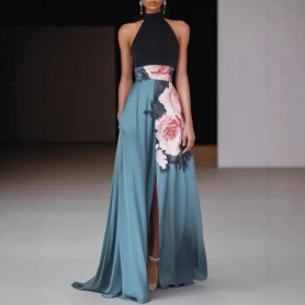 New Women's Halterneck Dress Off-shoulder Sexy Party High-waisted Patchwork Fashion Elegant Slit Floor-length Skirt