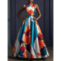 Women Elegant Floral Printed Dress Sleeveless Crew Neck