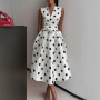 New Women's Polka Dot Dress Sleeveless V-Neck High Waist Slim Lace-up Fashionable Elegant Evening Midi Dress