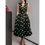 New Women's Polka Dot Dress Sleeveless V-Neck High Waist Slim Lace-up Fashionable Elegant Evening Midi Dress
