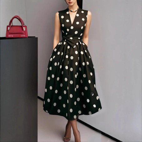 New Women's Polka Dot Dress Sleeveless V-Neck High Waist Slim Lace-up Fashionable Elegant Evening Midi Dress