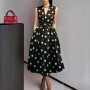New Women's Polka Dot Dress Sleeveless V-Neck High Waist Slim Lace-up Fashionable Elegant Evening Midi Dress