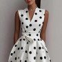 New Women's Polka Dot Dress Sleeveless V-Neck High Waist Slim Lace-up Fashionable Elegant Evening Midi Dress