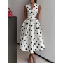 New Women's Polka Dot Dress Sleeveless V-Neck High Waist Slim Lace-up Fashionable Elegant Evening Midi Dress