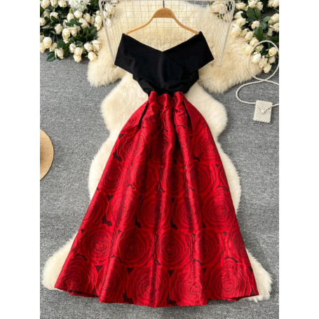 French Vintage Party Dress Women Sexy Off Shoulder Spliced Jacquard Elegant Evening Dresses Ladies Slim A-line Long Robe Vestido