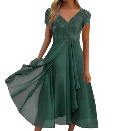 Women's Chiffon Long Dresses A Line V Neck Lace Panel Hollow Prom Dresses Ladies Bridesmaid Evening Dresses Short Sleeve Dress