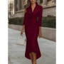 Elegant Satin European Style Dress for Women Sexy V-neck Solid Three-quarter Sleeves Slim Asymmetric Hem Midi Dresses Autumn