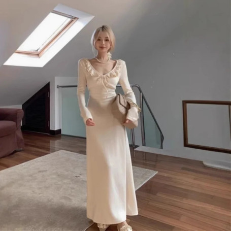 Pink ruffle trimvCollared long-sleeved knitted dress for women, autumn slim-fit elegant mid-length waist-cinching bodycon dress