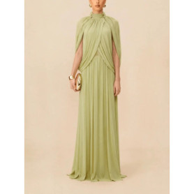 Elegant Chiffon Pleated Maxi Dress Women Chic Flutter Sleeve Turtleneck Patchwork Long Dresses 2026 Lady Evening Party Gowns New