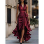 Summer Women's Tank Top Dress High Waist Irregular Elegant V-neck Ruffled Slit Evening Fashion Female's Long Dress
