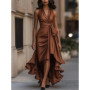 Summer Women's Tank Top Dress High Waist Irregular Elegant V-neck Ruffled Slit Evening Fashion Female's Long Dress