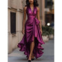 Summer Women's Tank Top Dress High Waist Irregular Elegant V-neck Ruffled Slit Evening Fashion Female's Long Dress