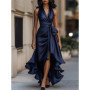 Summer Women's Tank Top Dress High Waist Irregular Elegant V-neck Ruffled Slit Evening Fashion Female's Long Dress
