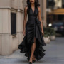 Summer Women's Tank Top Dress High Waist Irregular Elegant V-neck Ruffled Slit Evening Fashion Female's Long Dress